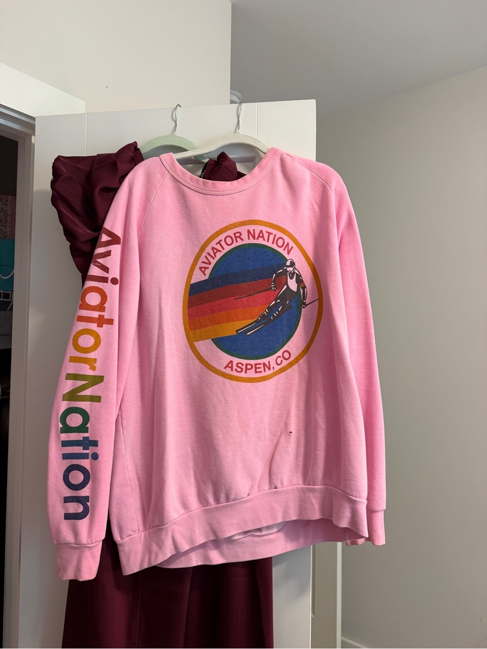 Aviator Nation Pink Retro Ski Logo Crewneck with Rainbow Sleeve